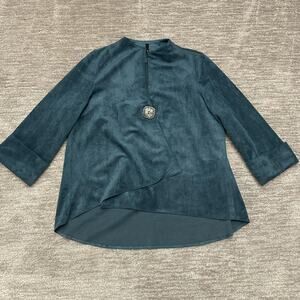IC By Connie K Top Womens Large Blue Velour Asymmetrical Hem Cardigan Jacket